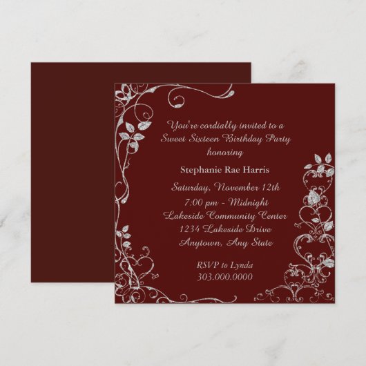 Maroon Faux Diamond Swirl Sweet 16 Birthday Party Kaart (Voorkant / Achterkant)