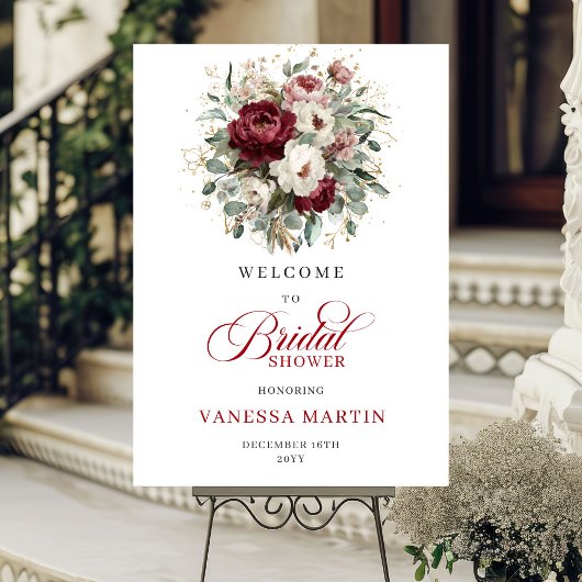 Maroon Floral Greenery Bridal Shower Welcome Poster
