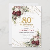 Maroon Floral Greenery Gold 80th Birthday Kaart (Voorkant)