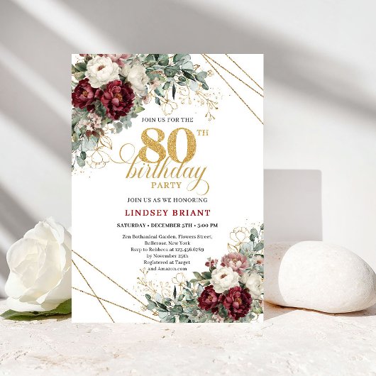 Maroon Floral Greenery Gold 80th Birthday Kaart