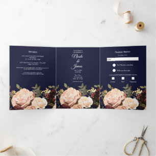 Maroon Floral Greenery Navy Blue Wedding Drieluik Uitnodiging