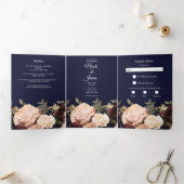 Maroon Floral Greenery Navy Blue Wedding Drieluik Uitnodiging (Binnen)