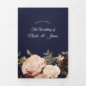 Maroon Floral Greenery Navy Blue Wedding Drieluik Uitnodiging (Cover)
