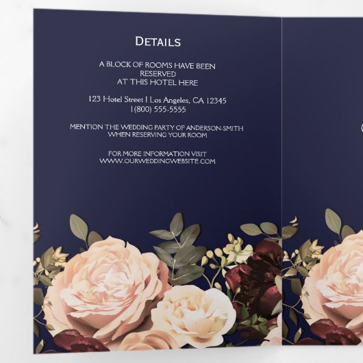 Maroon Floral Greenery Navy Blue Wedding Drieluik Uitnodiging (Binnenzijde eerst)