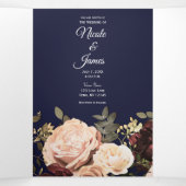 Maroon Floral Greenery Navy Blue Wedding Drieluik Uitnodiging (Binnenkant midden)