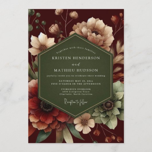Maroon Forest Bloom Wedding Kaart (Voorkant)