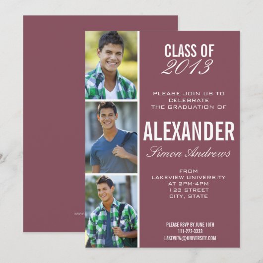 Maroon Foto Afstuderen Uitnodiging (Voorkant / Achterkant)