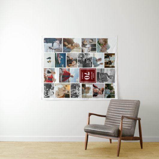 Maroon Fotocollage Happy Birthday Naam & leeftijd Wandkleed (In Situ (horizontaal))