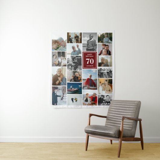 Maroon Fotocollage Happy Birthday Naam & leeftijd Wandkleed (In situ)