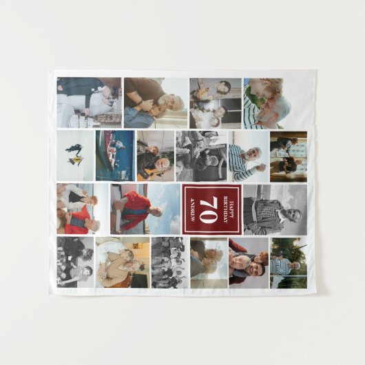 Maroon Fotocollage Happy Birthday Naam & leeftijd Wandkleed (Voorkant (horizontaal))