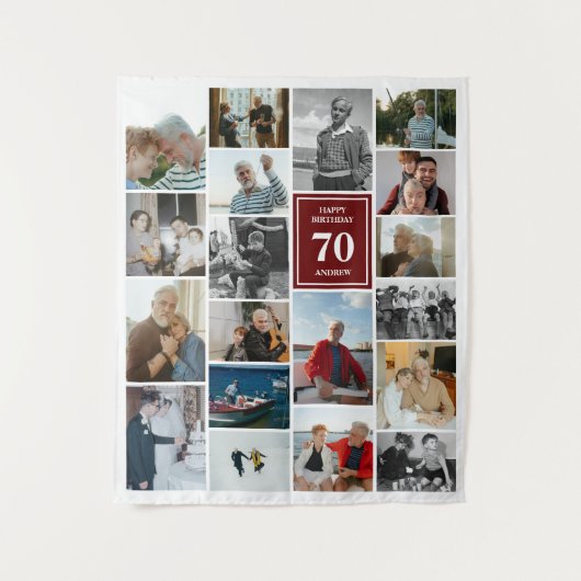 Maroon Fotocollage Happy Birthday Naam & leeftijd Wandkleed (Voorkant)