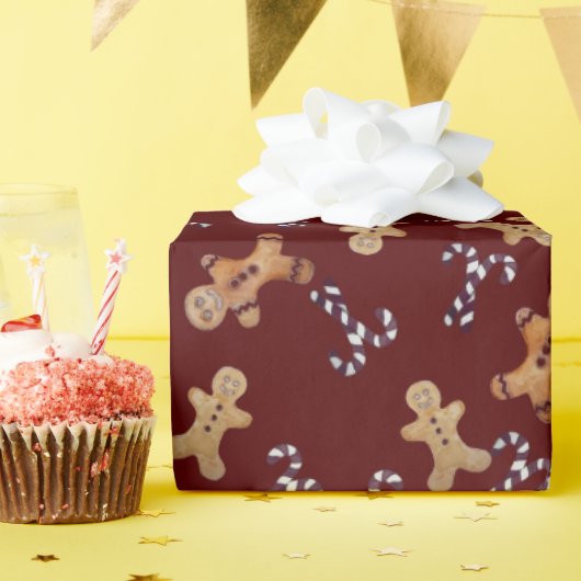 Maroon Gingerbread Heren & Candy Cane Christmas Wr Cadeaupapier (Verjaardagsfeest)