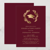 Maroon Gold Afstudeerder Pet Wreath Chic Gradupart Kaart (Voorkant / Achterkant)