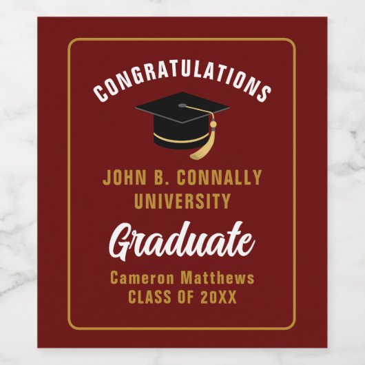 Maroon Gold Afstuderen Custom Graduation Party Wijn Etiket (Enkel label)