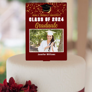 Maroon Gold Afstuderen Foto 2024 Graduation Party Cake Topper
