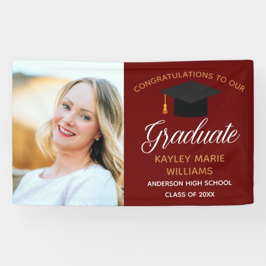 Maroon Gold Afstuderen Foto Afstudeerfeest Spandoek (Horizontaal)