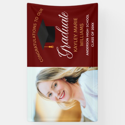 Maroon Gold Afstuderen Foto Afstudeerfeest Spandoek (Verticaal)