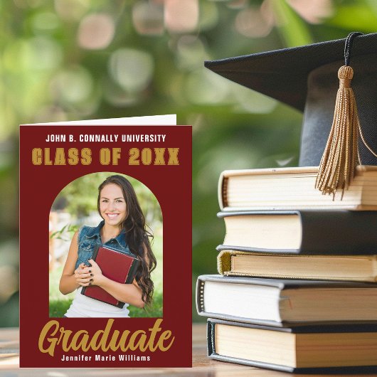 Maroon Gold Afstuderen Foto Arch Folded Afstuderen Aankondiging