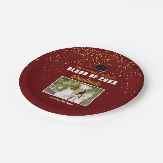 Maroon Gold Afstuderen foto chique afstudeerfeest Papieren Bordje (Gekanteld)