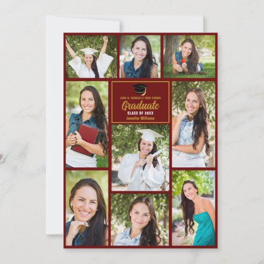 Maroon Gold Afstuderen Foto Collage Chic Afstudere Aankondiging (Voorkant)