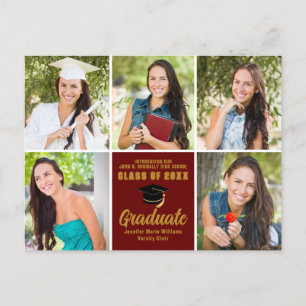 Maroon Gold Afstuderen Foto Collage Chic Afstudere Briefkaart