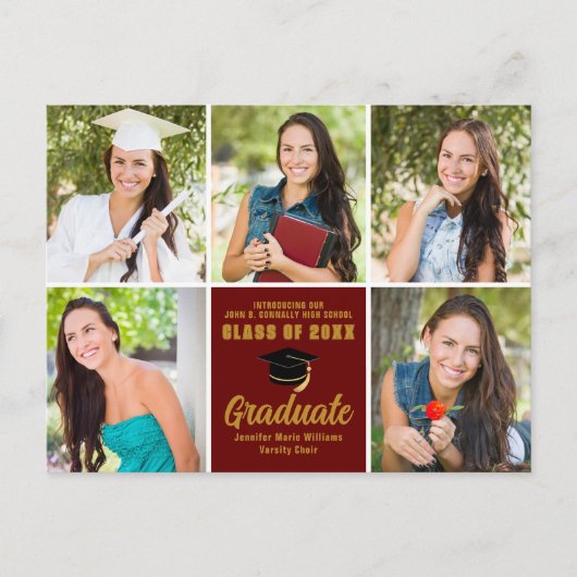 Maroon Gold Afstuderen Foto Collage Chic Afstudere Briefkaart (Voorkant)