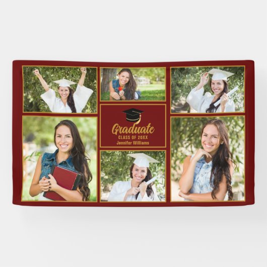 Maroon Gold Afstuderen Foto Collage Moderne Party Spandoek (Horizontaal)