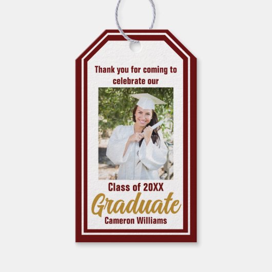 Maroon Gold Afstuderen Foto Custom Afstuderen Cadeaulabel (Voorkant)
