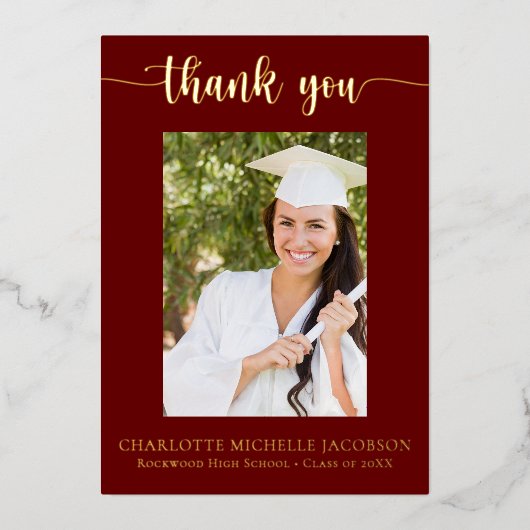 Maroon & Gold Afstuderen Foto Dank je kaart (Voorkant)