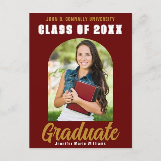 Maroon Gold Afstuderen Foto Modern Bold Afstuderen Briefkaart (Voorkant)