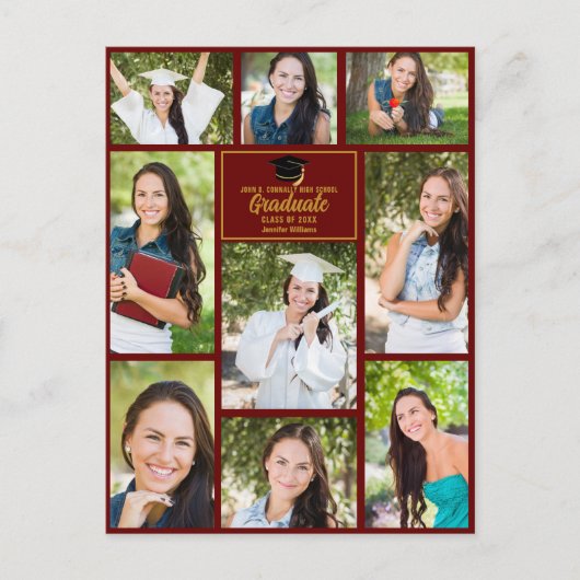 Maroon Gold Afstuderen Fotocollage Afstuderen Briefkaart (Voorkant)