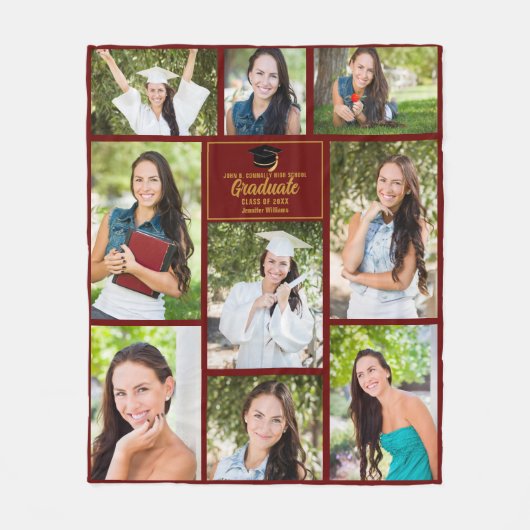 Maroon Gold Afstuderen Fotocollage Afstuderen Fleece Deken (Voorkant)