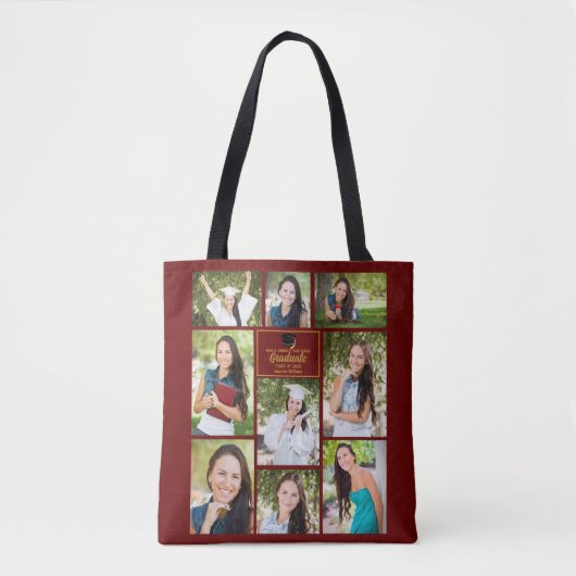 Maroon Gold Afstuderen Fotocollage Afstuderen Gift Tote Bag (Voorkant)