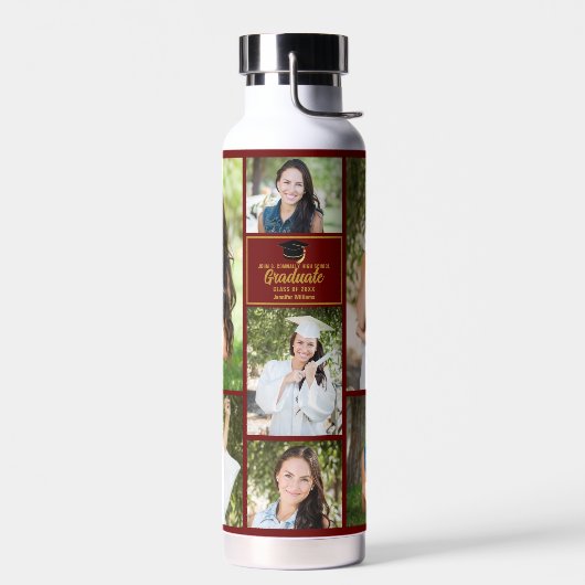 Maroon Gold Afstuderen Fotocollage Afstuderen Gift Waterfles (Links)