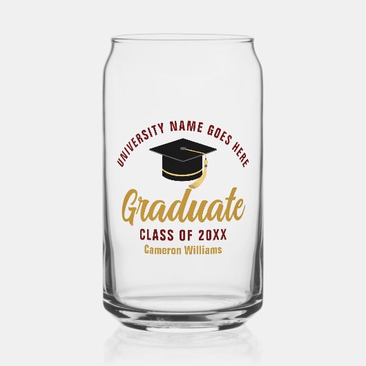 Maroon Gold Afstuderen gepersonaliseerd Afstuderen Blikvorm Glas (Voorkant)