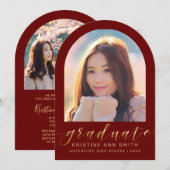 Maroon Gold Arch 2 Foto Afstuderen Aankondiging (Voorkant / Achterkant)
