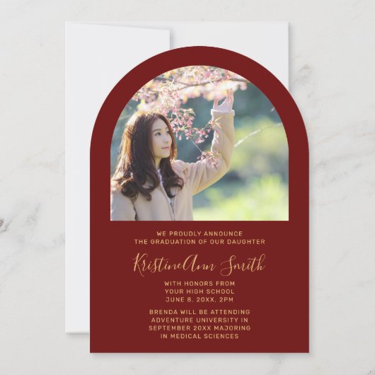 Maroon Gold Arch 2 Foto Afstuderen Aankondiging (Achterkant)