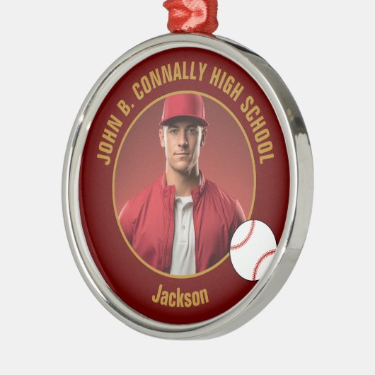 Maroon Gold Baseball Player Photo Christmas Metalen Ornament (Links)