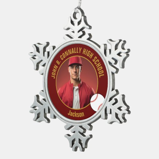 Maroon Gold Baseball Player Photo High School Tin Sneeuwvlok Ornament (Rechts)