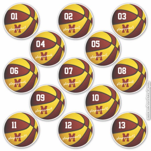 maroon gold basketbal op maat 13 spelersnamen sticker (Voorkant)