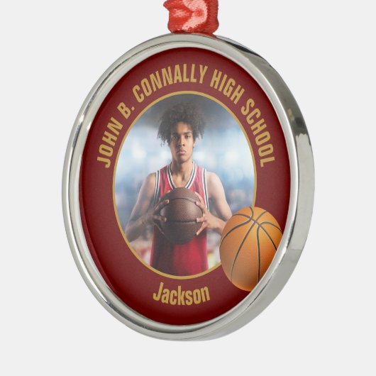 Maroon Gold Basketball Player Photo Christmas Metalen Ornament (Links)