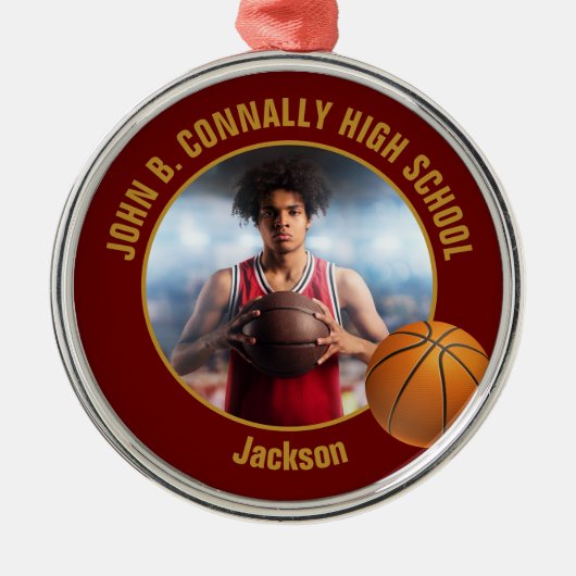 Maroon Gold Basketball Player Photo Christmas Metalen Ornament (Voorkant)