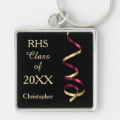 Maroon Gold Black Ribbon Afstuderen Sleutelhanger (Voorkant)