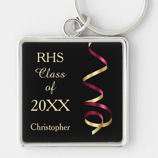 Maroon Gold Black Ribbon Afstuderen Sleutelhanger (Voorkant)