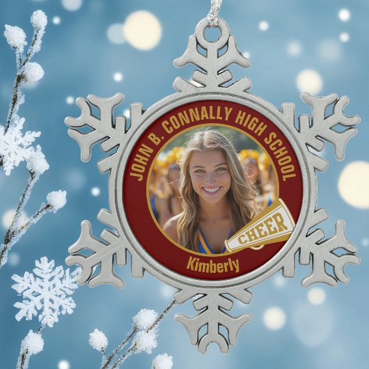 Maroon Gold Cheerleader Photo High School Tin Sneeuwvlok Ornament