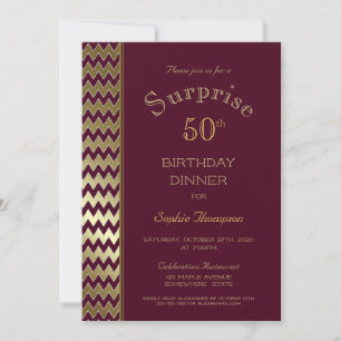 Maroon Gold Chevron Surprise 50th Birthday Dinner Kaart