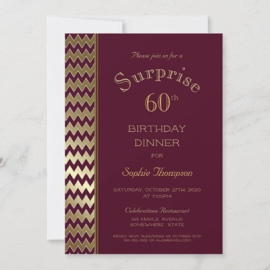 Maroon Gold Chevron Surprise 60th Birthday Dinner Kaart (Voorkant)