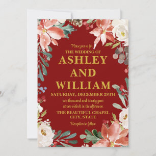 Maroon Gold Chic Kerst Winter Greenery Wedding Kaart