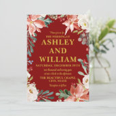 Maroon Gold Chic Kerst Winter Greenery Wedding Kaart (Staand voorkant)