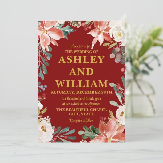 Maroon Gold Chic Kerst Winter Greenery Wedding Kaart (Staand voorkant)